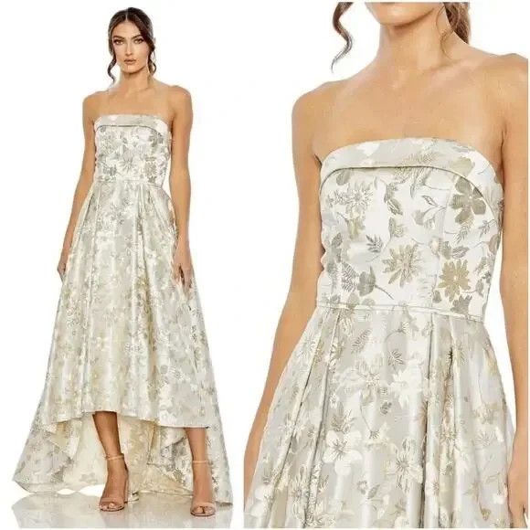 Mac Duggal 49619 Brocade Strapless Golden Floral High Low Gown Nwt $698